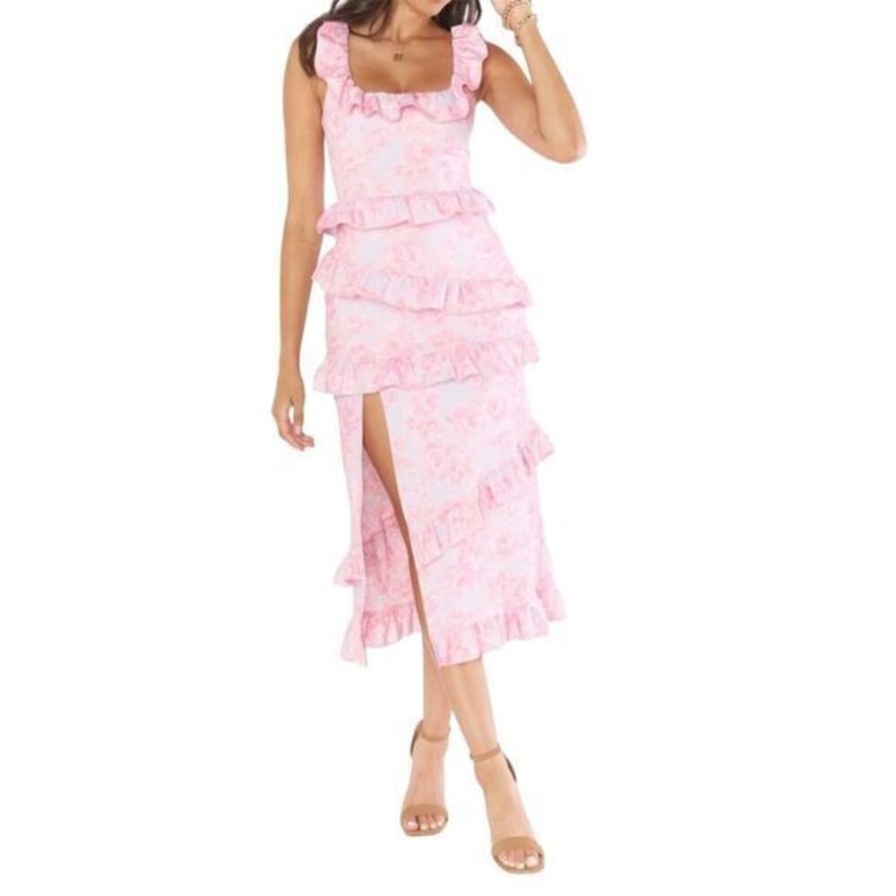 Show Me Your MuMu Pink Ruffle Tiered Midi Dress